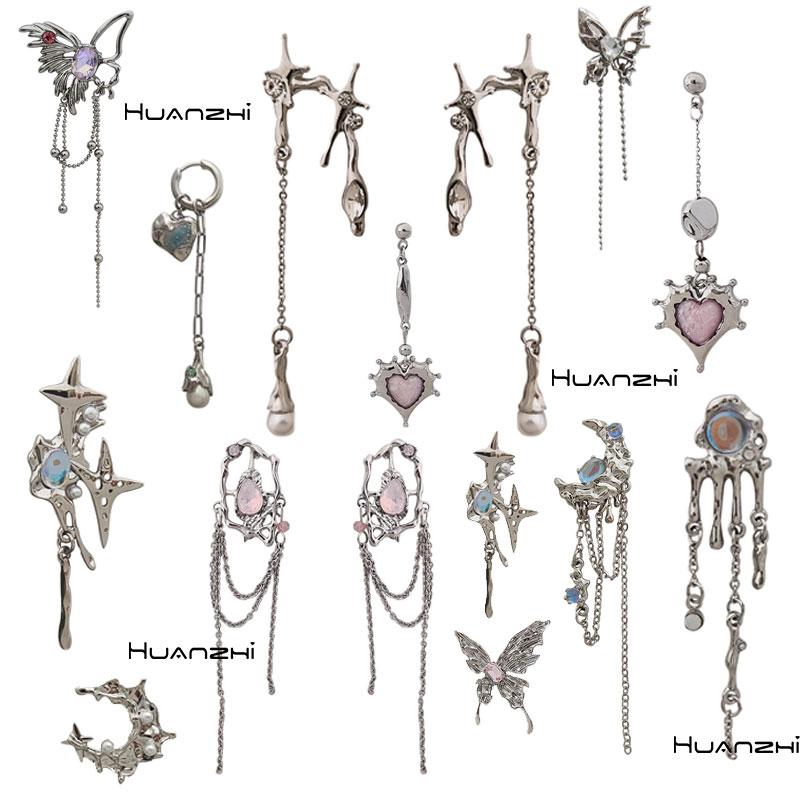 Laser Stone Pink Love Heart Pendant Star Butterfly Long Tassel Drop Earrings for Women Cool Girl Y2K Jewelry HUANZHI NEW INS
