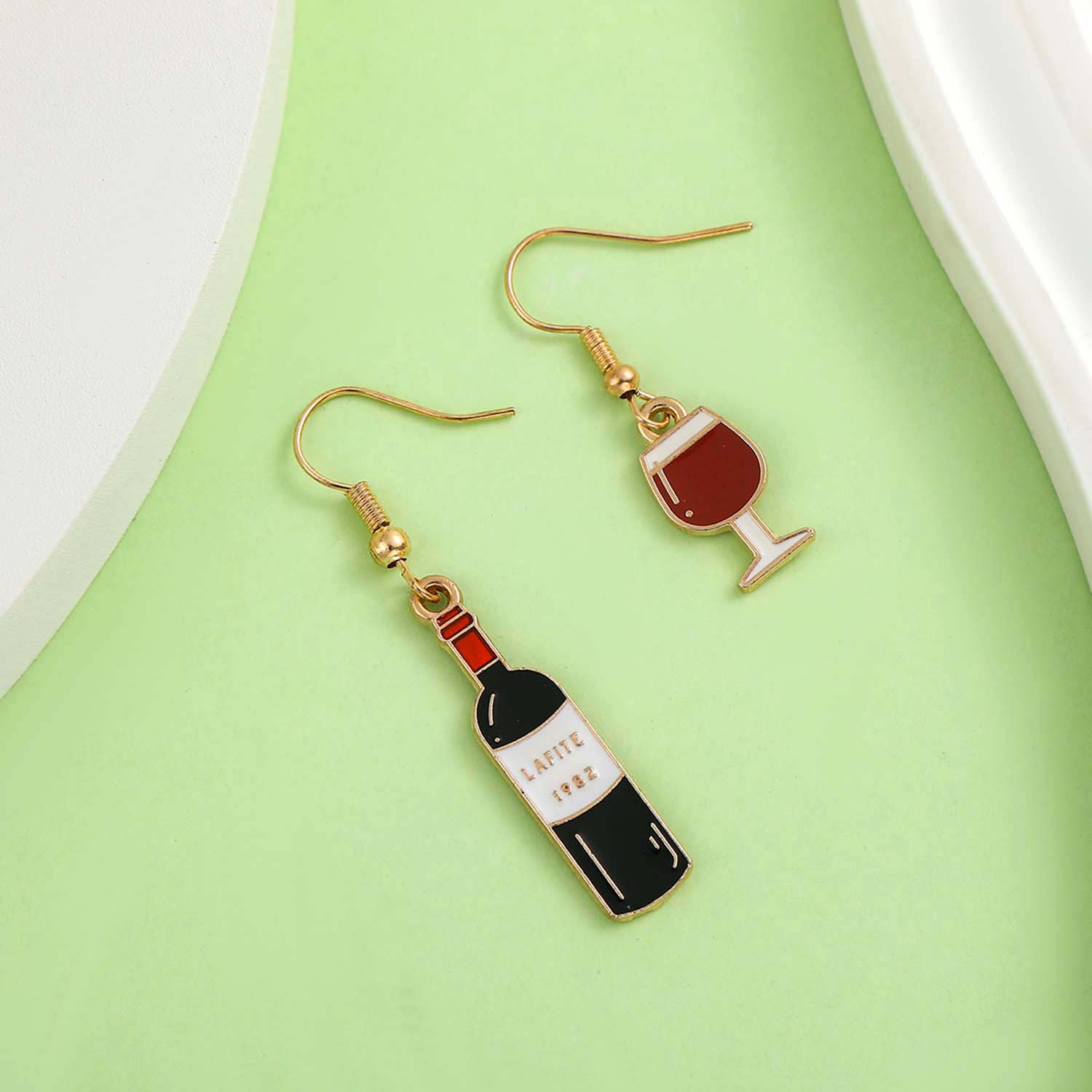 1 Pair Asymmetrical Enamel Red Bottle And Glass Dangle Drop Earrings, Jewelry for Women Girls