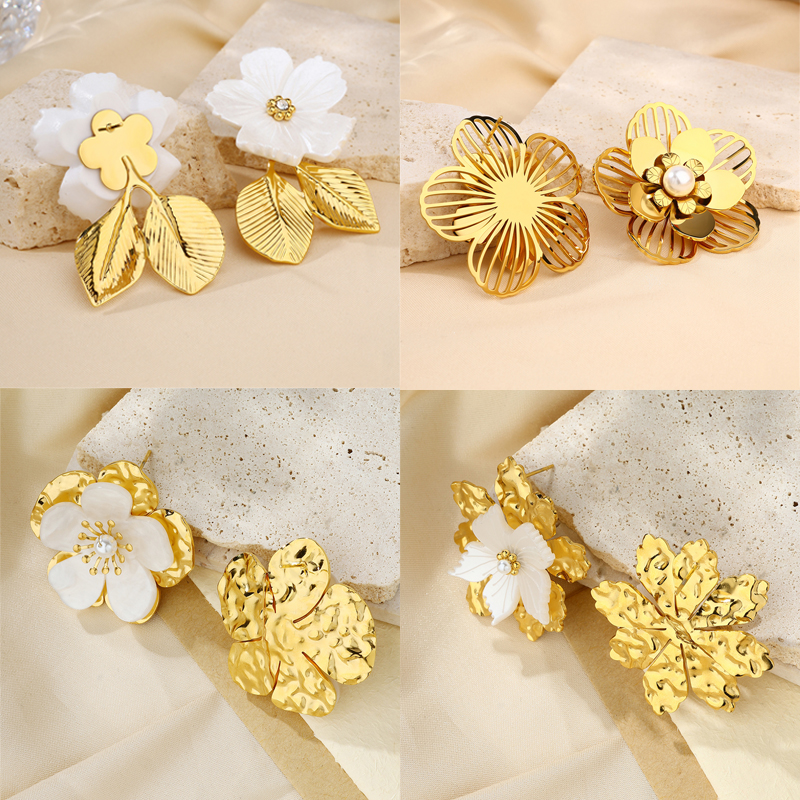 Kissmoon Elegant White Floral Leaf Vintage Hollow-Out Design Stainless Steel Earring for Women Trendy Wedding Party Jewelry