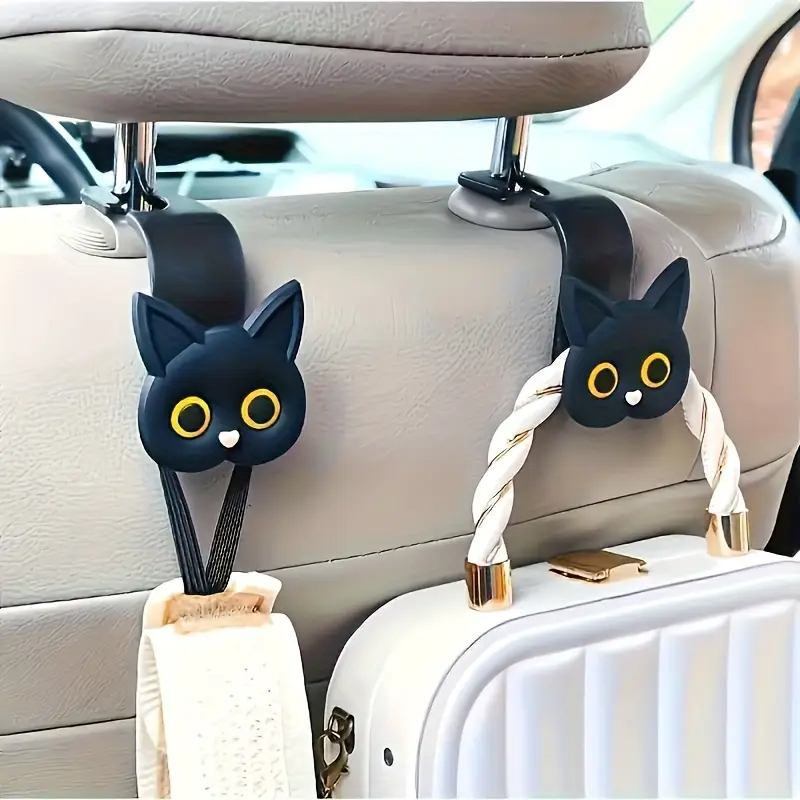 2 Pack Cute 3D Cartoon Cat Car Seat Headrest Hook Handbag and Coat Storage Organizer Perfect Christmas Gift for Drivers