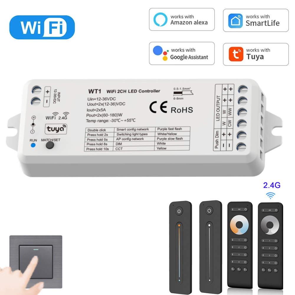 CENFAYA Tuya WiFi Smart LED Strip Controller 2CH CCT Dimmer DC 12V 24V Group Controller Alexa Home 4 Zone RF 2.4G Remote