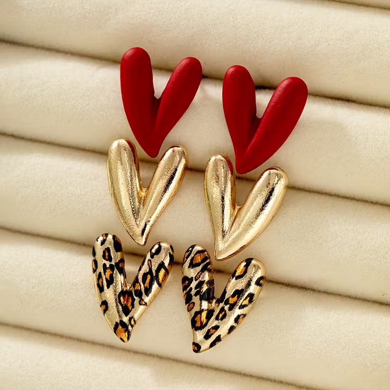 3pcs Women'S Leopard Print Heart-Shaped Earrings, Zinc Alloy, Red And Animal Prints, Daily Cute Earrings