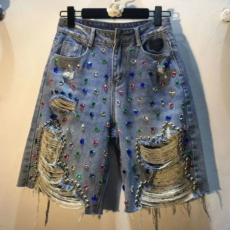 Women's 2025 Summer High Waist Denim Shorts - Stretch Distressed Ripped Jeans with Diamonds for Trendy Streetwear Fashion Style