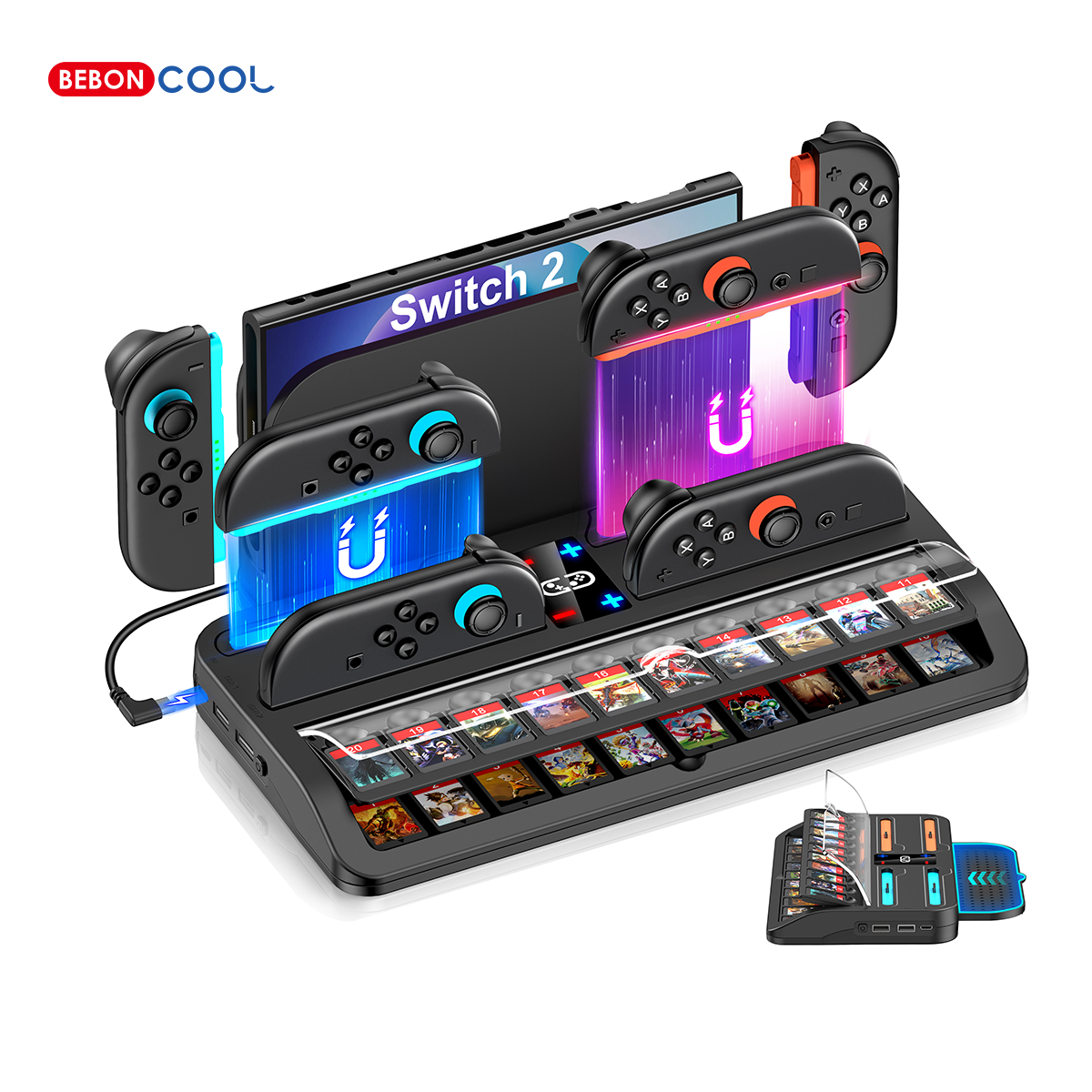 BEBONCOOL SC200 4 controller charger stand for Switch2 with 2 USB interface 2 layer storage 20 game card charge dock for switch2