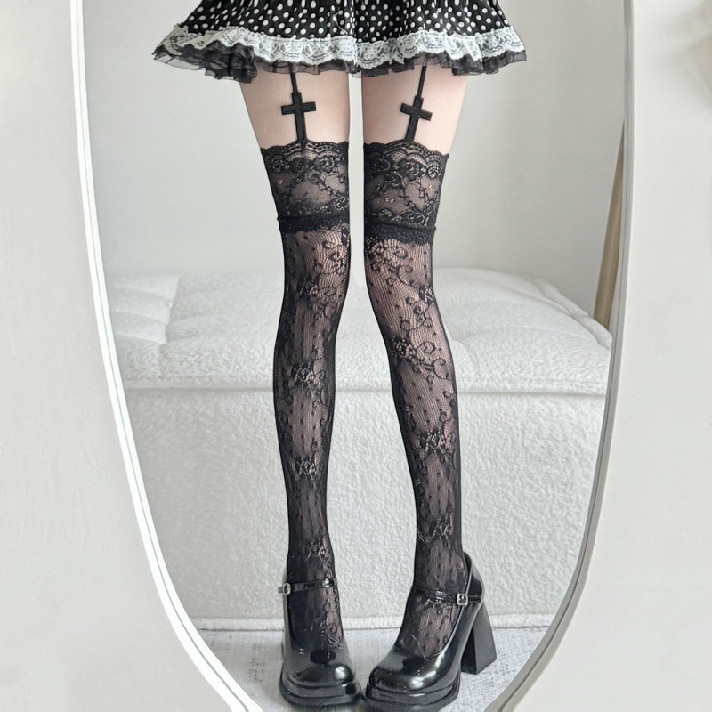 Black White Lace Patterned Stockings with Cross Design Ultra-thin Hollow Long Tights Fishing Net Socks Pantyhose Party