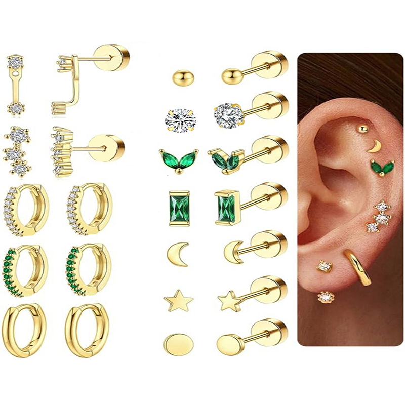 2Pcs Dainty Gold Flat Back Stud Earrings for Women, Hypoallergenic Screw Back Cartilage Earring Set Small Huggie Hoop Earrings