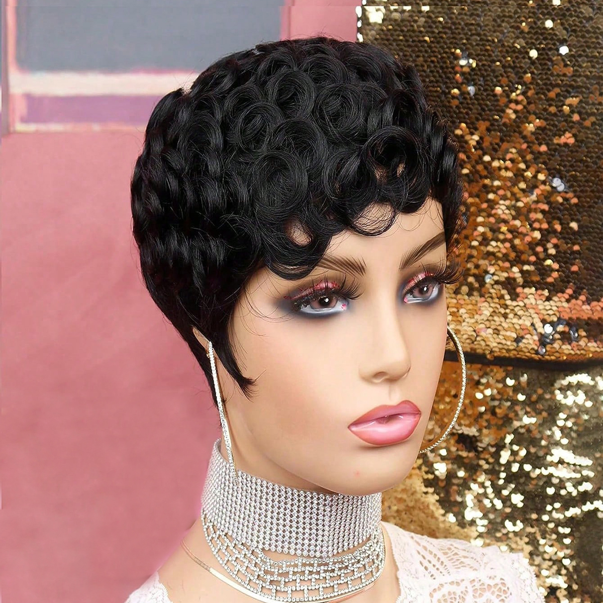 Black Pixie Cut wig for with Bangs Short Curly Layered Curled Natural Wavy Short Curly Layered synthetic Wig for Women Color