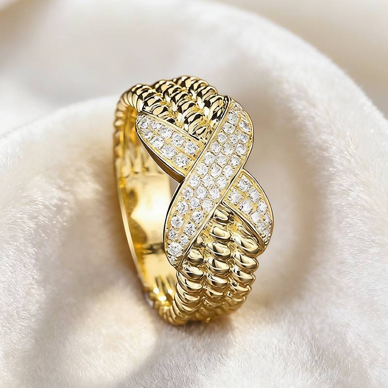 Huitan Gold Color Women Ring Cross Shaped Fashion Party Lady Luxury Accessories Inlaid Shining CZ Wedding Charming Jewelry