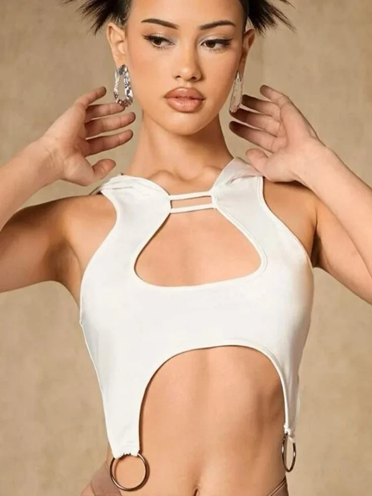 Hooded Crop Top Solid White Tank Top Women Y2k Clothes Hollow Out Camison Verano Sleeveless Ropa Mujer Ring Decor Summer Outfits
