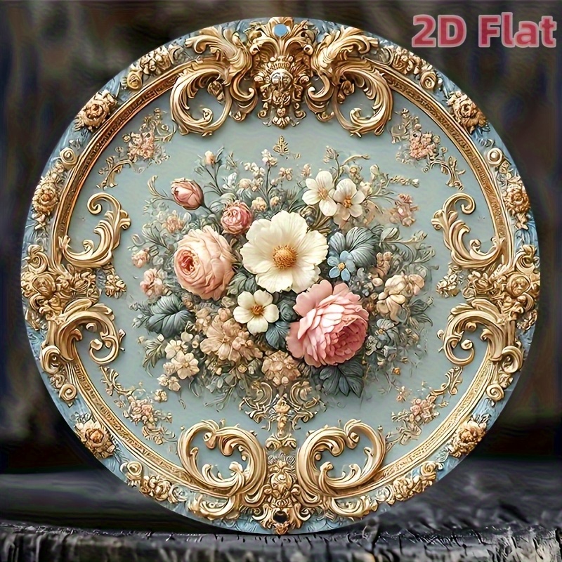2D Flat - Elegant 2D Flat Round Baroque Floral Wooden Wall Art Featuring Vibrant Flowers, (1pc 7.87inch*7.87inch) Suitable for D