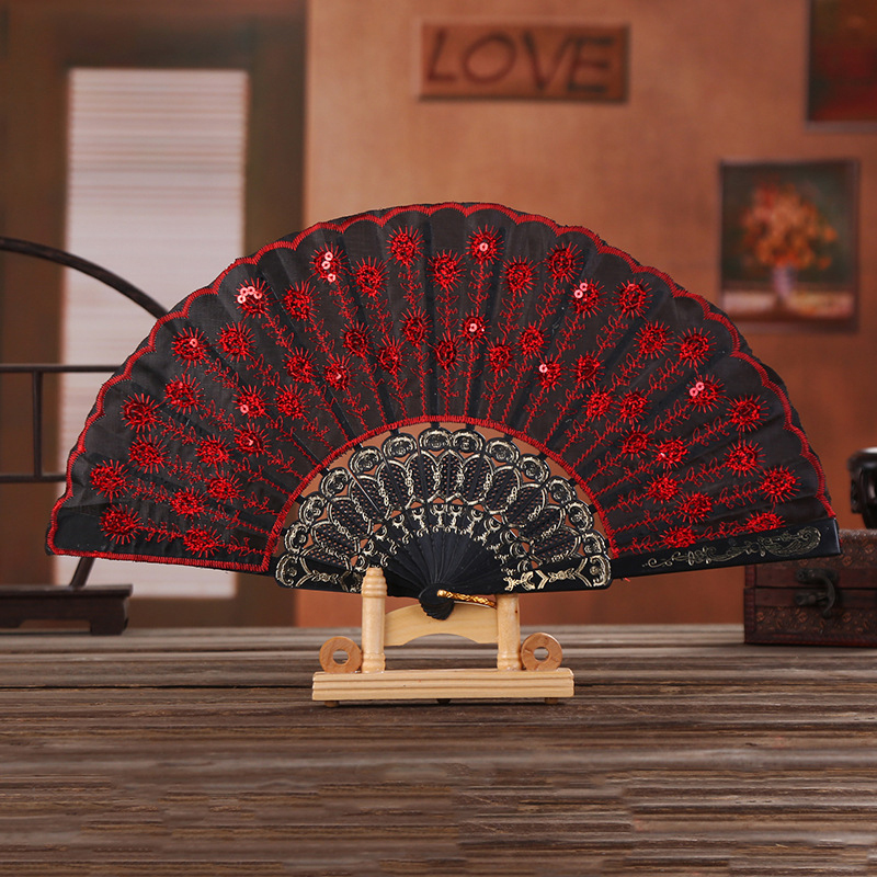1Pc Chinese Style Plastic Folding Fan Sequin Embroidered Craft Fan Dance Handheld Fan For White Wedding Party