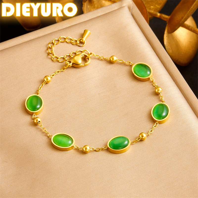 DIEYURO 316L Stainless Steel Green Minimalist Ellipse Bracelet For Womens Girl Trendy New 2024 Fashion Wrist Chain Jewelry