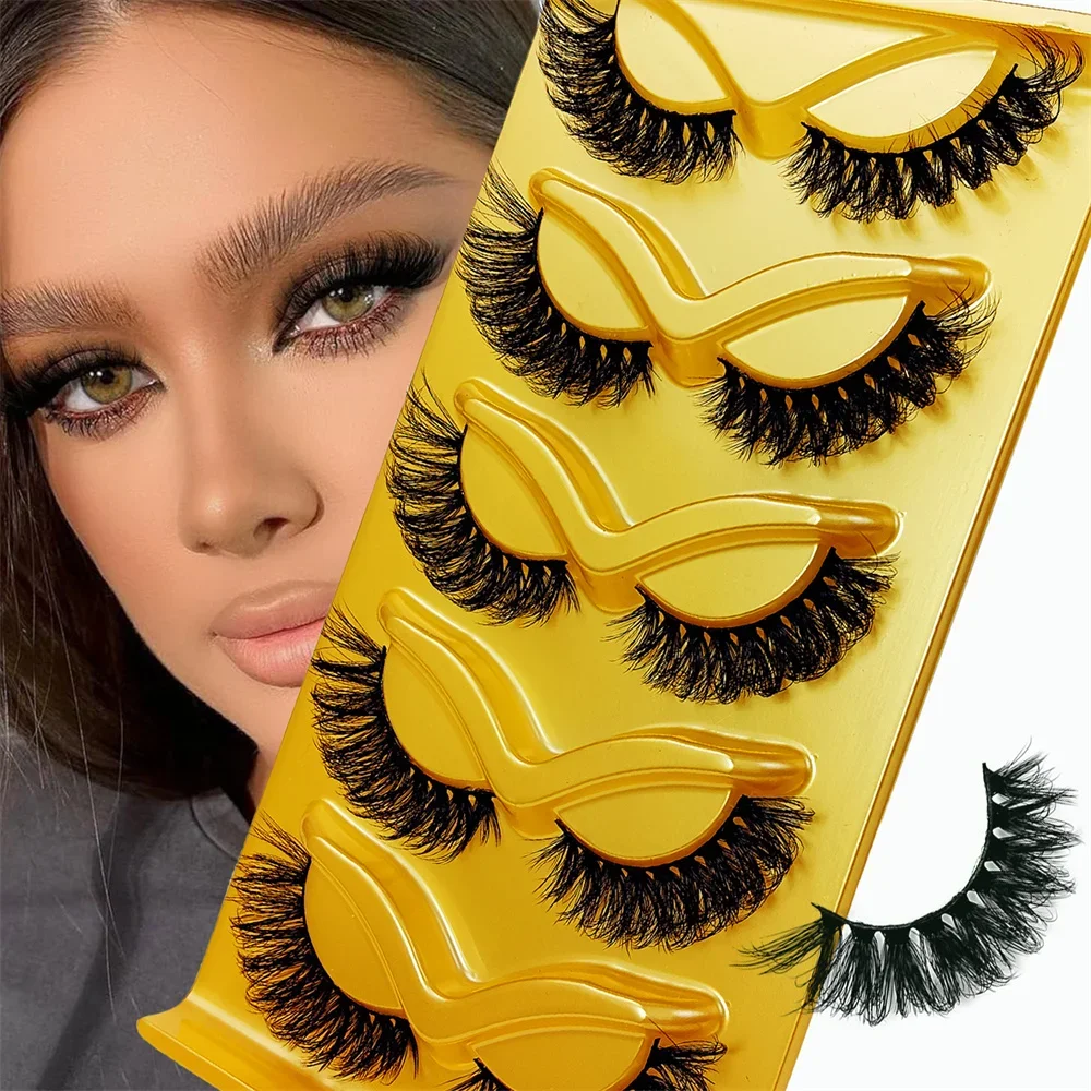 5 Pairs End Eye Elongated Natural Messy Winged Cat Eye Fox Lashes 3D Mink Transparent Stem False Eyelashes