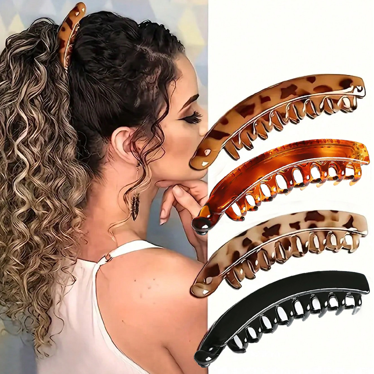 1pc Women's large leopard print Banana Clip Twister Clip Back of head，touch without trace，vertical clip High ponytail hair clip