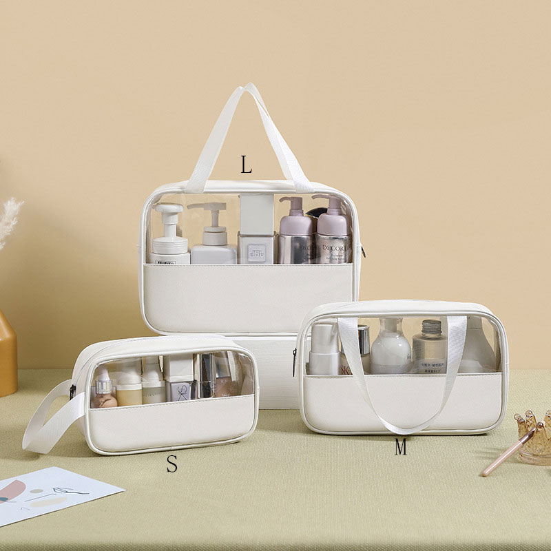 New Transparent Makeup Bag Large Capacity Waterproof Swimming and Bathing Bag Simple PVC Handbag PU Splicing Bag Wash Bag