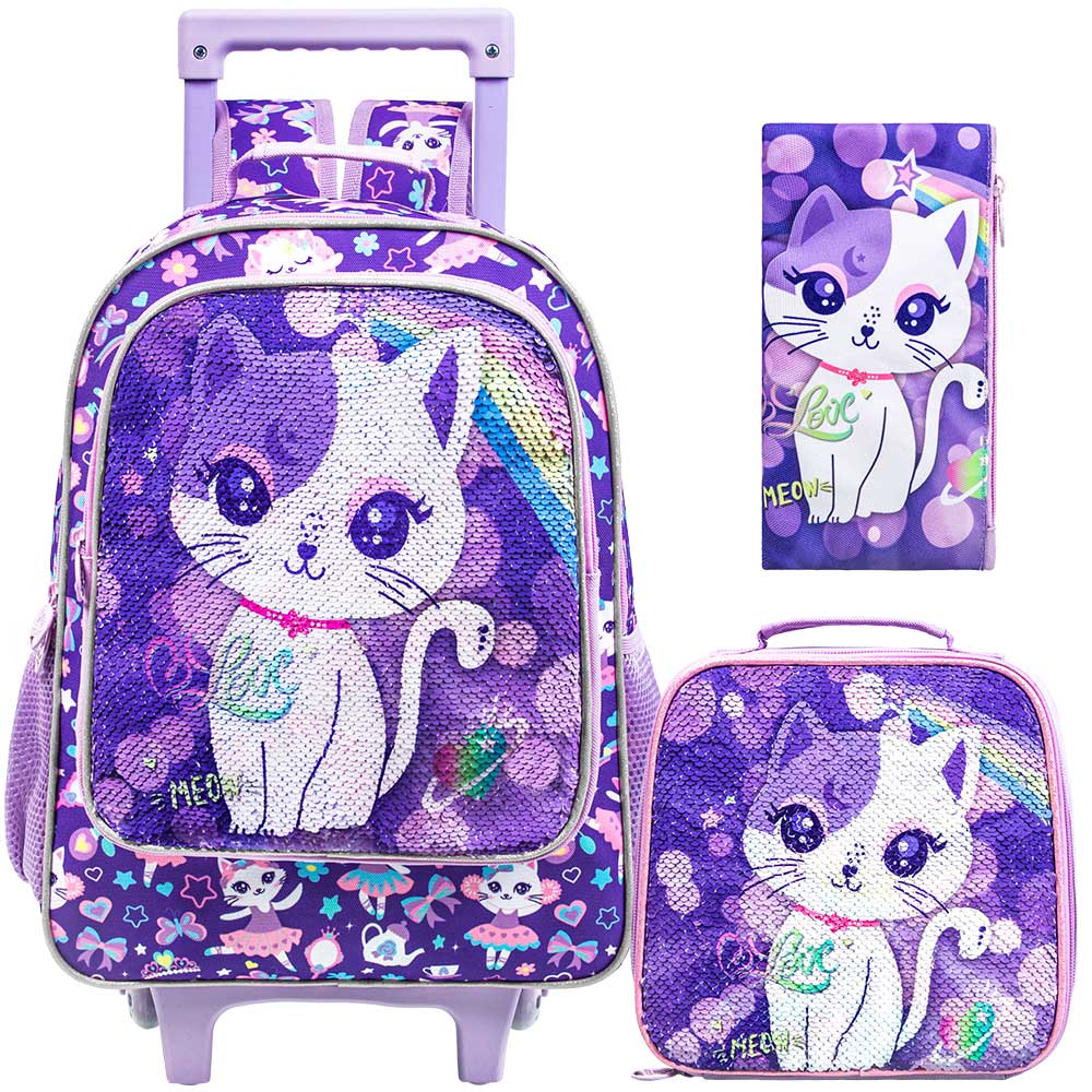 Kids Rolling Backpack for Girls, Roller Wheels School Bag with Lunch Bag, Wheeled Sequins School Bookbag for Children - Cat
