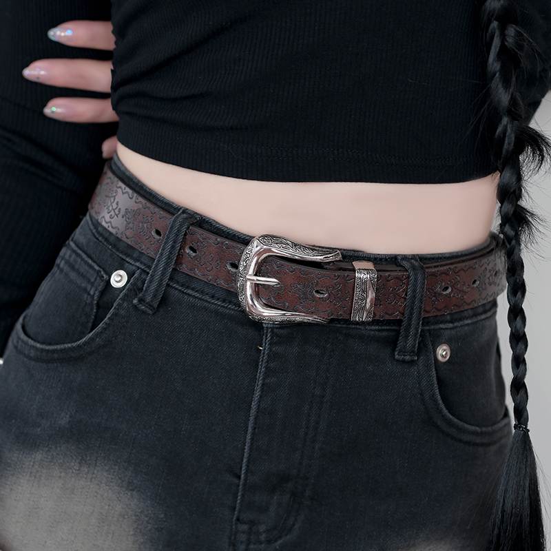 Retro brown American style belt for women, 2025 new millennium girl leather belt, versatile accessory for jeans, y2