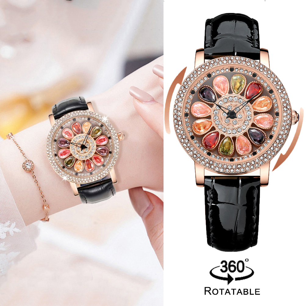 Fashion Rotating Quartz Leather Ladies Watch Luxury Colorful Crystal Sparkling Casual Shiny Women Watches