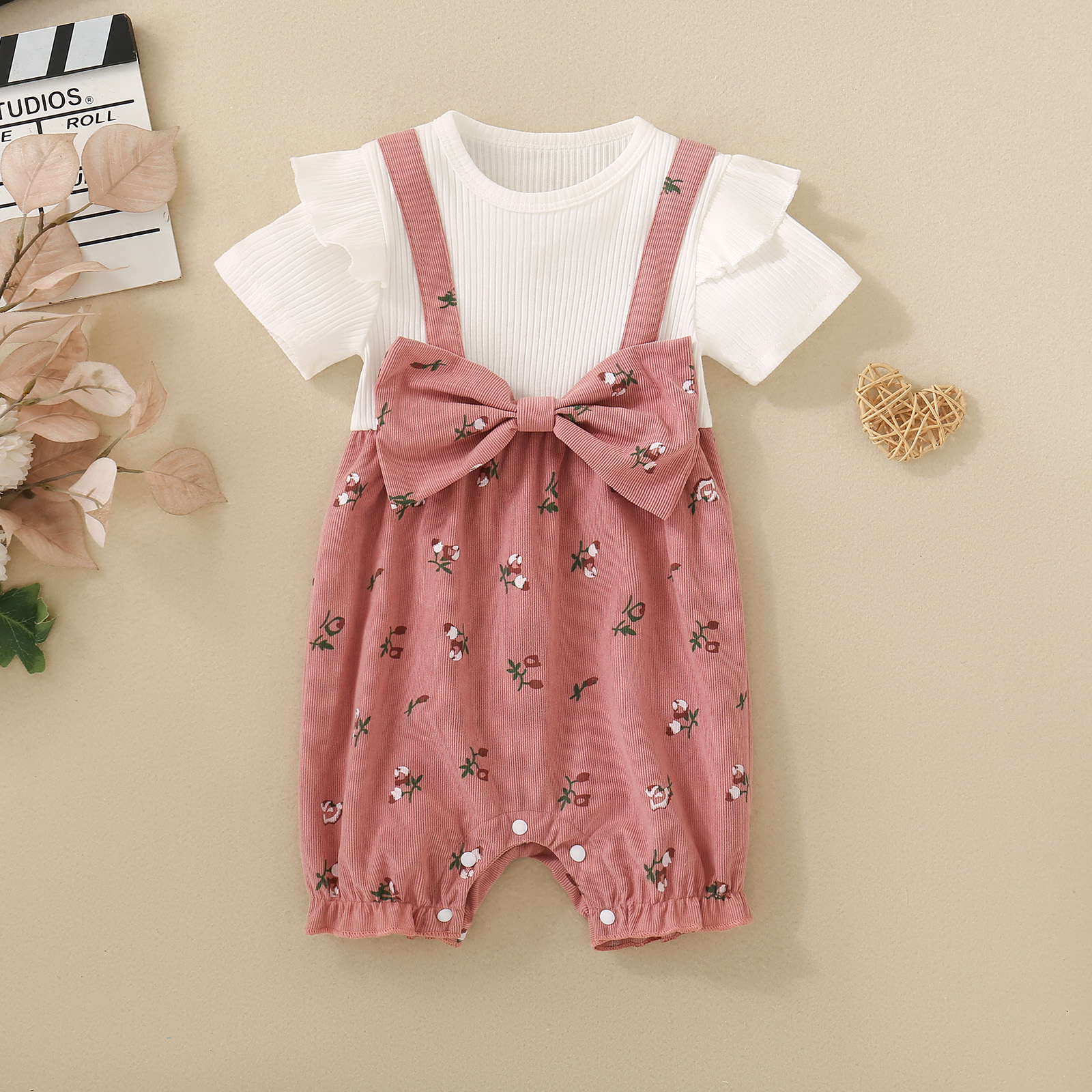 Summer female infant flower print fake two-piece short crawl with headgear two-piece set sweet and cute