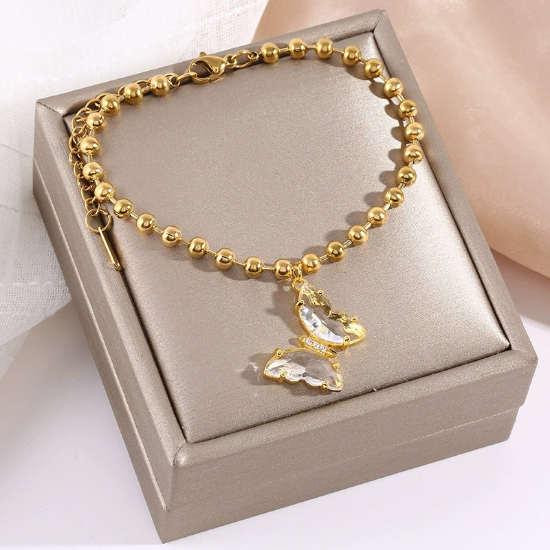 Cute Female Butterfly Pendant Round Beads Bracelets For Women Men Stainless Steel White Zircon Bracelet Party Hand Wrist Jewelry