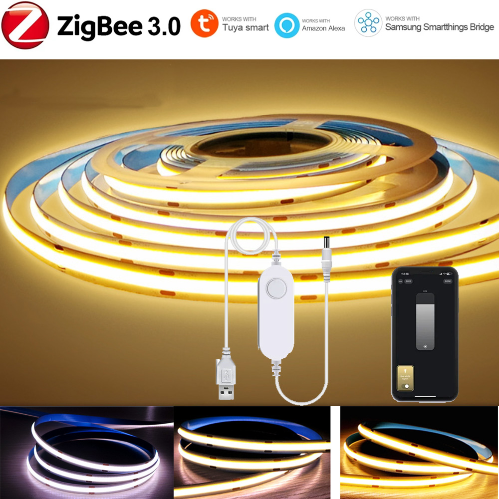 Tuya Zigbee 3.0 5V USB COB LED Strip Light 320leds/m Warm White Flexible Dimmable Lights Kitchen Bedroom Decor for Alexa