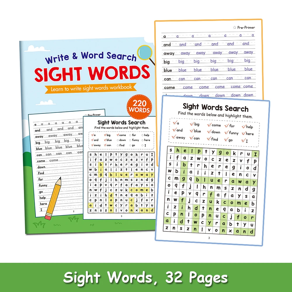 Sight Words Write and Search Game Workbook Preschool English Learning Aids Learn to Read Vocabulary Building Montessori