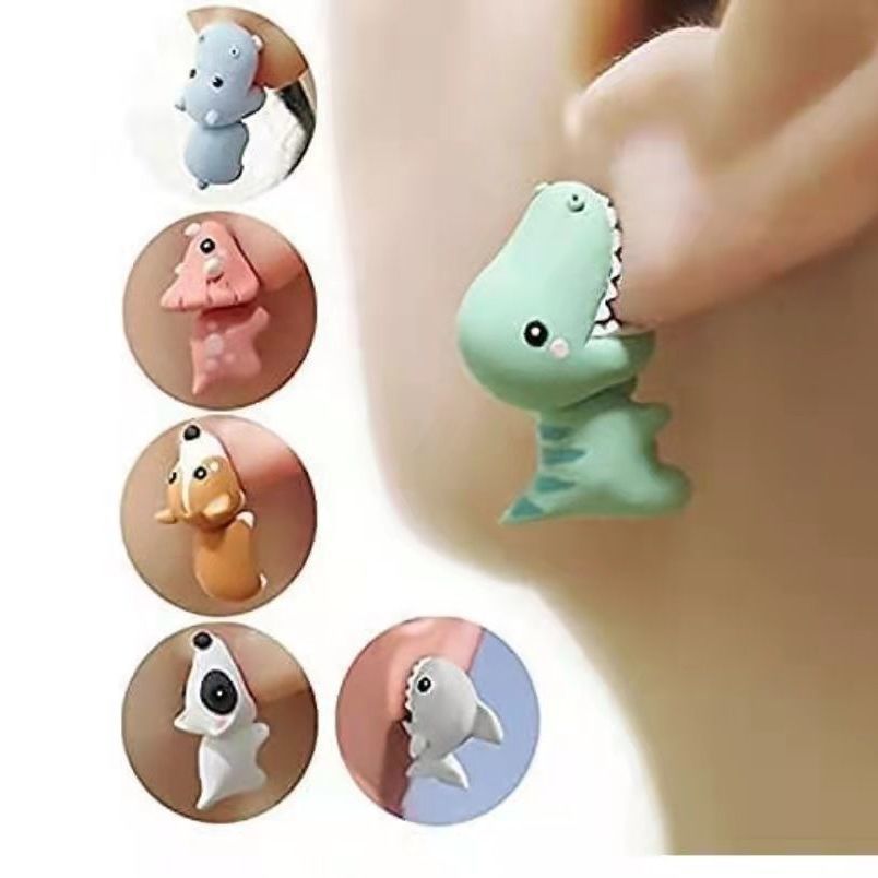 2pcs/1pair Animal Cartoon Stud Earring For Women Cute Dinosaur Little Dog Whale Clay Bite Ear Jewelry Funny Fashion