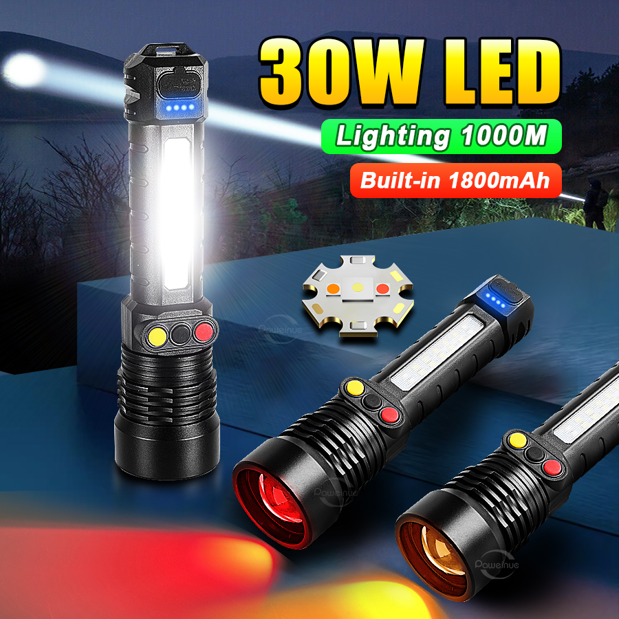 Flashlight White/Red/Yellow Light 3 Colors Multifunctional Rechargeable Led Lamp Zoom 1000 Meters Camping Hunting Portable
