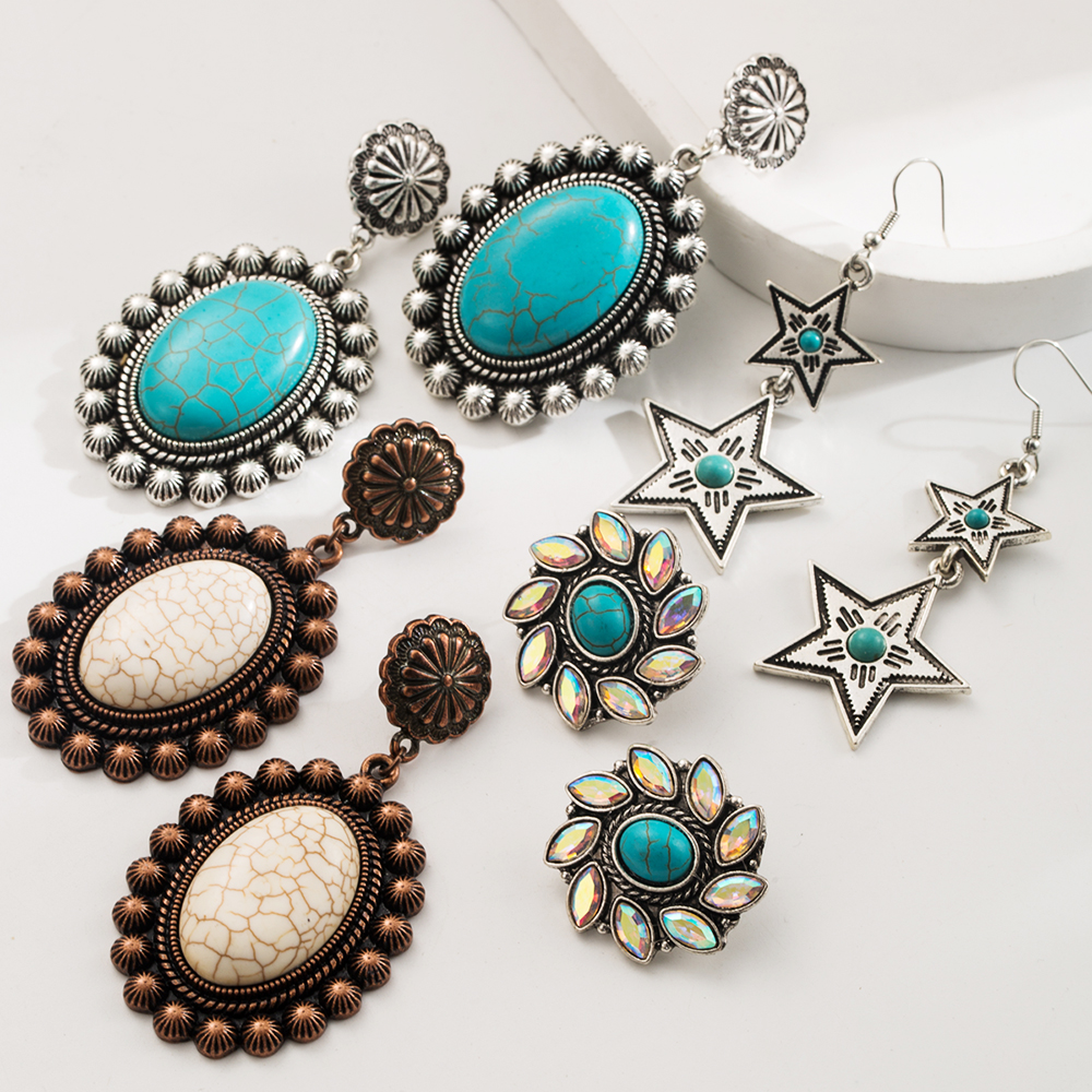 Cross Border Turquoise Earrings New Alloy Retro Geometry Bohemian Ethnic Style Retro Earrings For Women