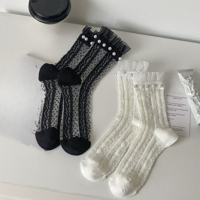 2 pairs Fashionable versatile Women's Socks Thin Solid Color Lace Frilly Socks minimalist Breathable women Transparent Socks