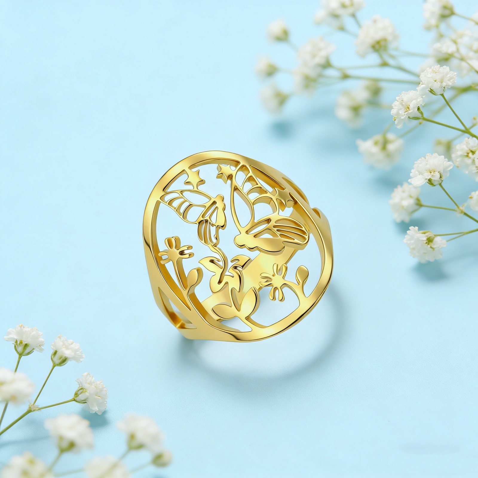 Flower Butterfly Hollow Ring Women's Stainless Steel Golden Aesthetic Ring Jewelry Birthday 2025 Trendy New Style
