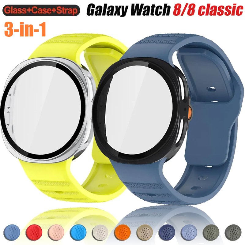 2in1 Tempered Glass Case+Strap For Samsung Watch 8 40mm 44mm Silicone Band PC Cover Galaxy Watch 8 Classic LTE 46mm Watchband