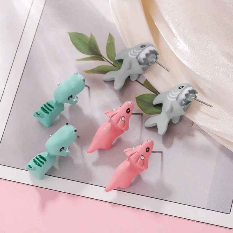 Small Animals Bite Their Ears Dinosaur Hippo Earrings Corgi Shark Earrings Spray Painted Cute Mini Earrings Trinkets
