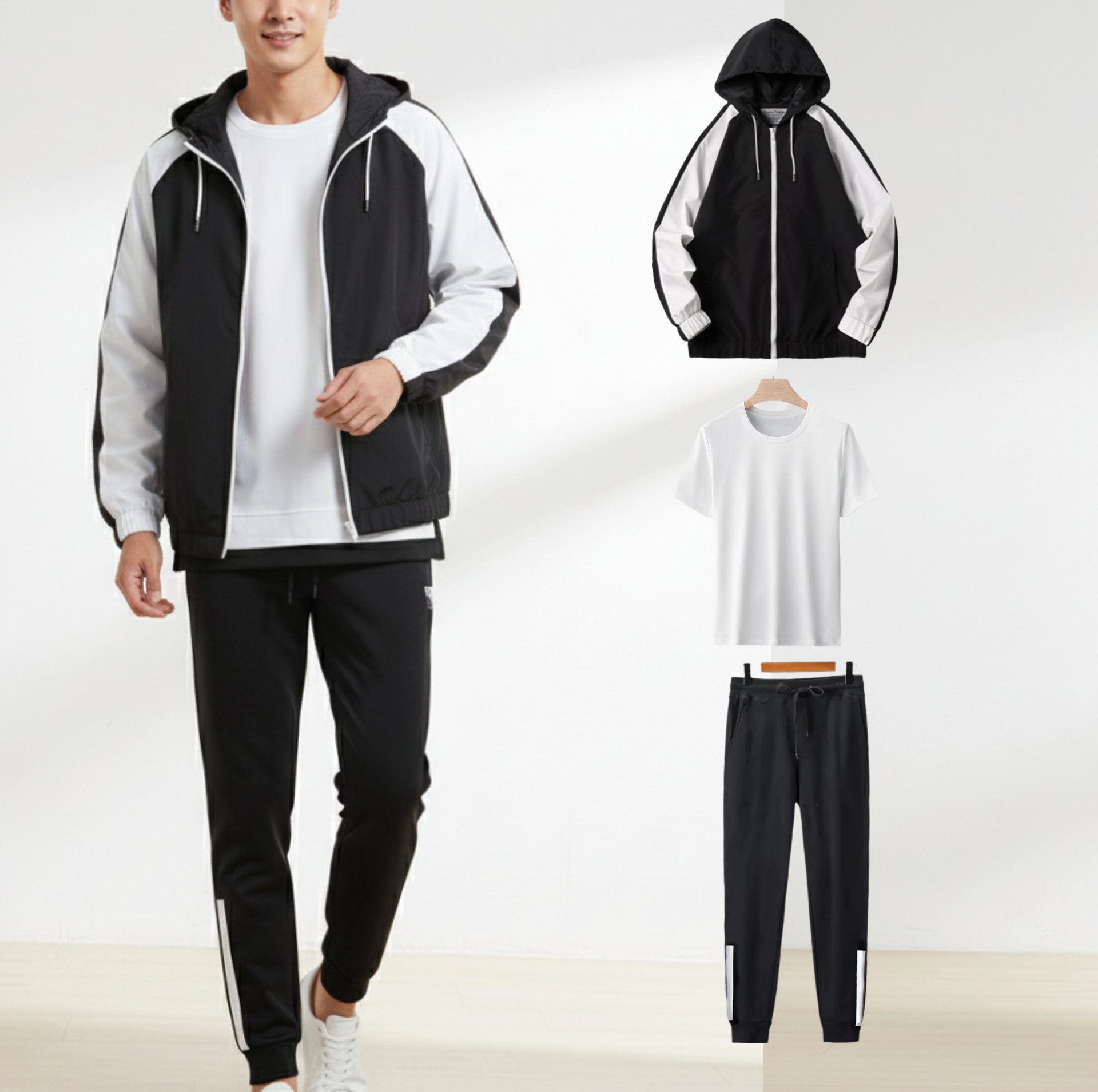 Shopmee Men's Summer Comfortable Black And White Combo Set Of 3 Pcs (Jacket,t-shirt And Jogger)