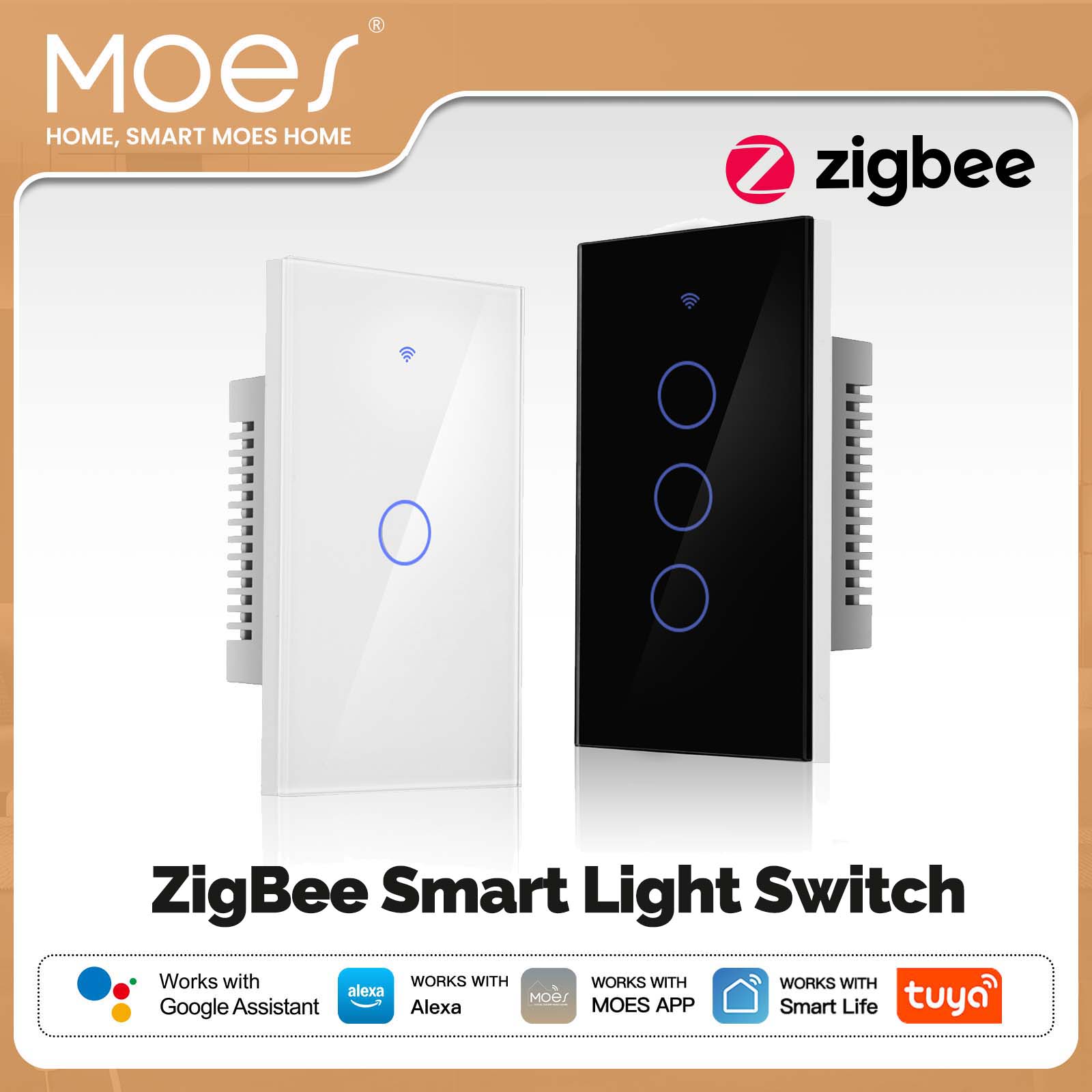 MOES Tuya Smart ZigBee Light Switch Touch Glass Panel Fireproof Neutral Wire Control Remote Works with Alexa Home