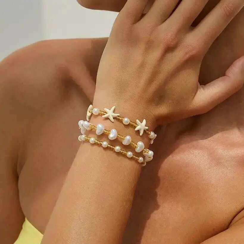 Salircon Exquisite 3Pcs/Set Imitation Pearl Bracelets Women 2025 Fashion Summer Beach Starfish Bowknot Bangles Party Jewelry New