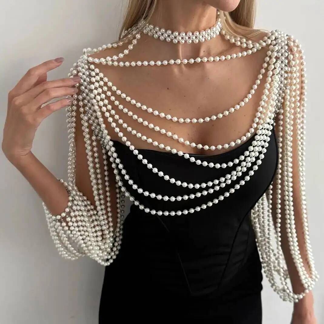 PuRui Elegant Imitation Pearl Shoulder Chain Necklace for Women Shawl Banquet Jewelry Wed Bridal Neck Accessories New