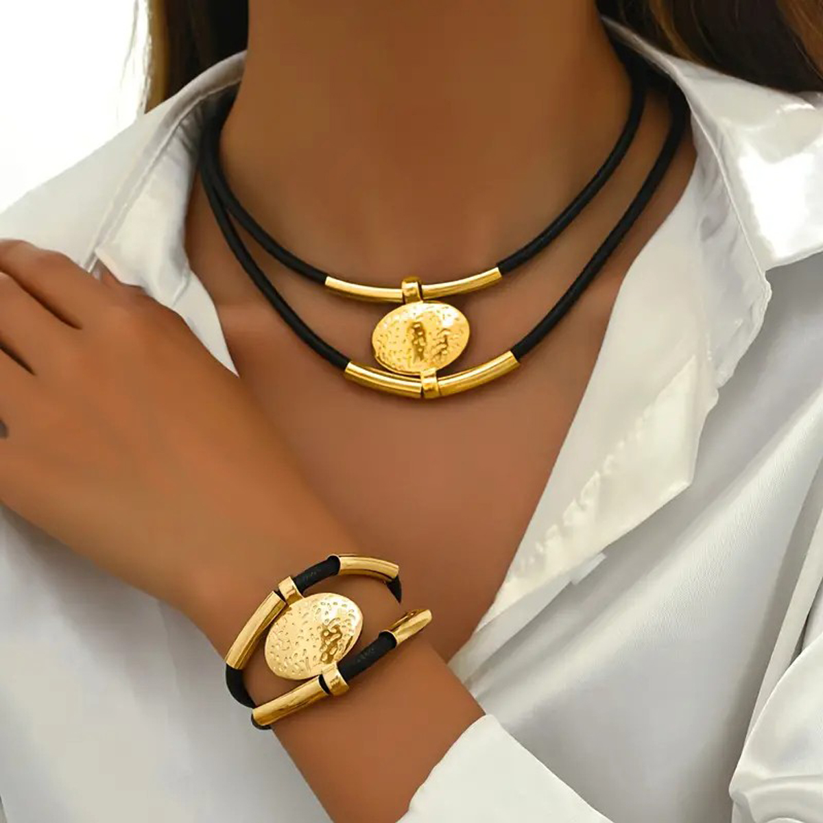Vintage Oval Metal Necklace Bracelet For Women Fashion Gold Silver Color 2Pcs/Set Double Layered Chain Jewelry Sets
