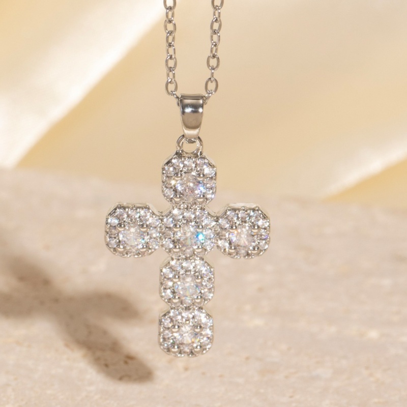 Luxury Female White Zircon Big Cross Pendant Clavicle Necklaces For Women Stainless Steel Chains Wedding Party Neck Jewelry