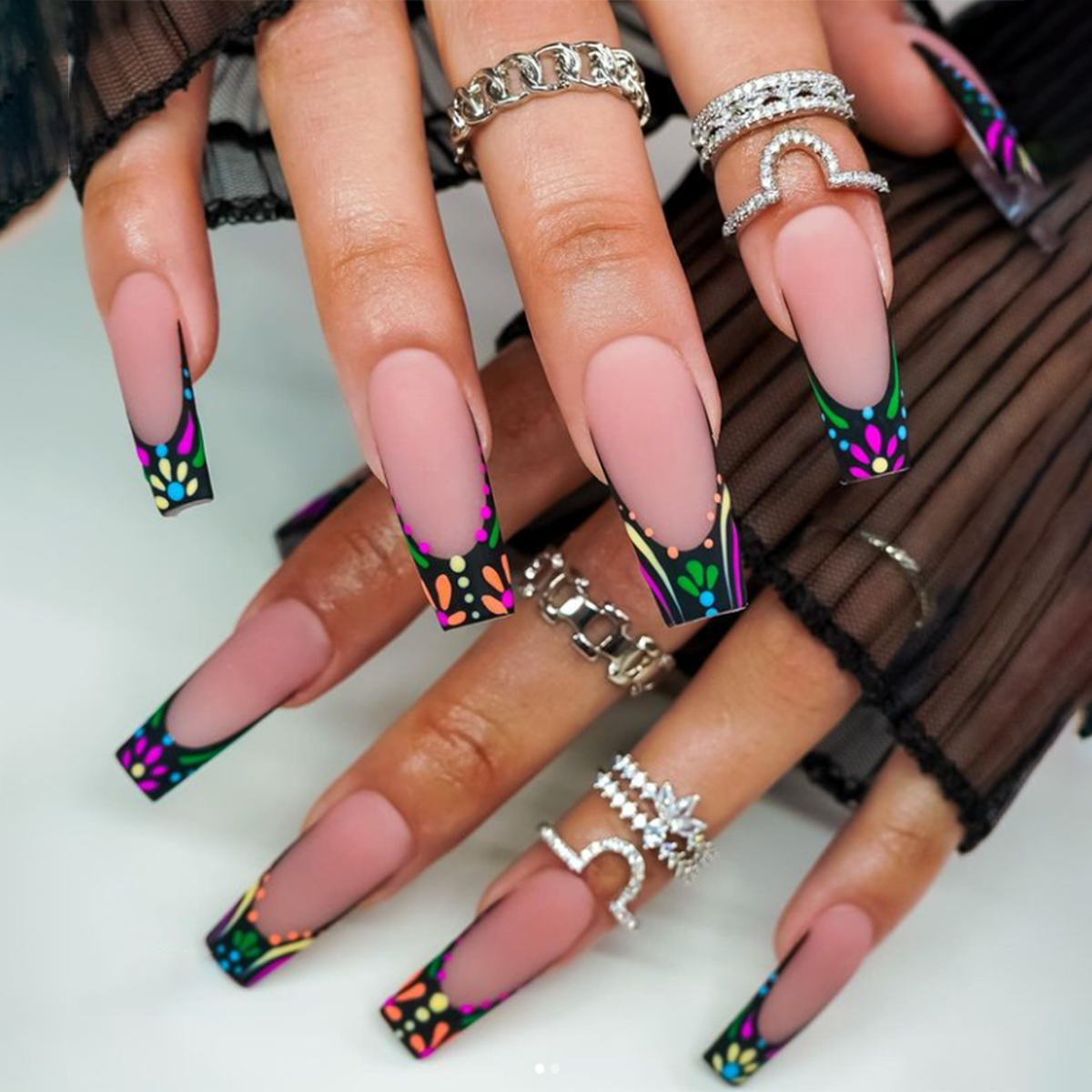24pcs medium and long square nails hot selling black French multi-color polka dot totem design to wear fake nails suitable for d