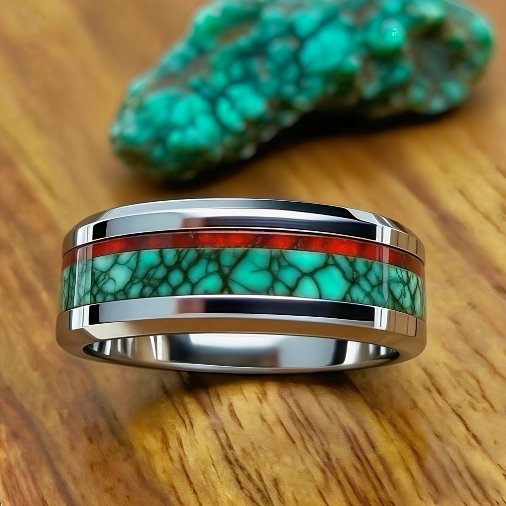 Wholelsale 8MM Malachite Inlay Men's Stainless Steel Rings Red Green Marble Women Wedding Band Jewelry Polished Steel Party Ring