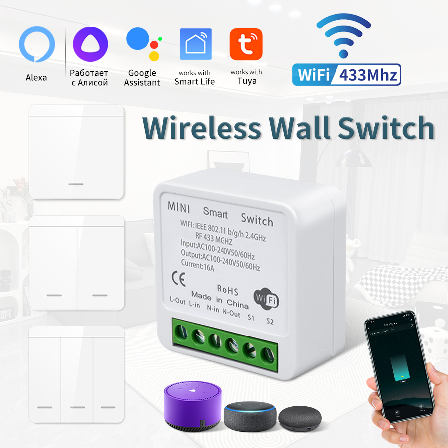 16A Tuya WiFi DIY Smart Switch Power Monitor Smart Home Wireless 433mhz Light Switch House Improvement Self-Power Remote Control