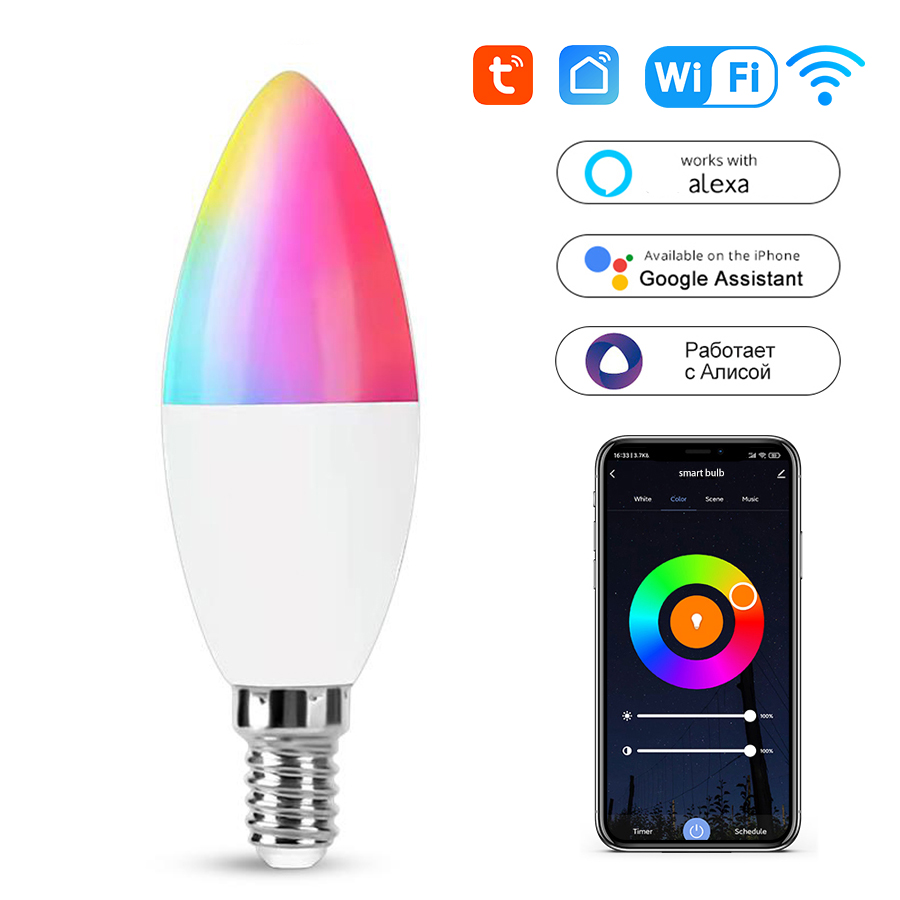 Tuya Smart WiFi E14 Candle Light Bulb 220V 5W 7W 9W Dimmable RGB Lamp Smart Life APP Alexa Home Voice Control Room Decor lightify