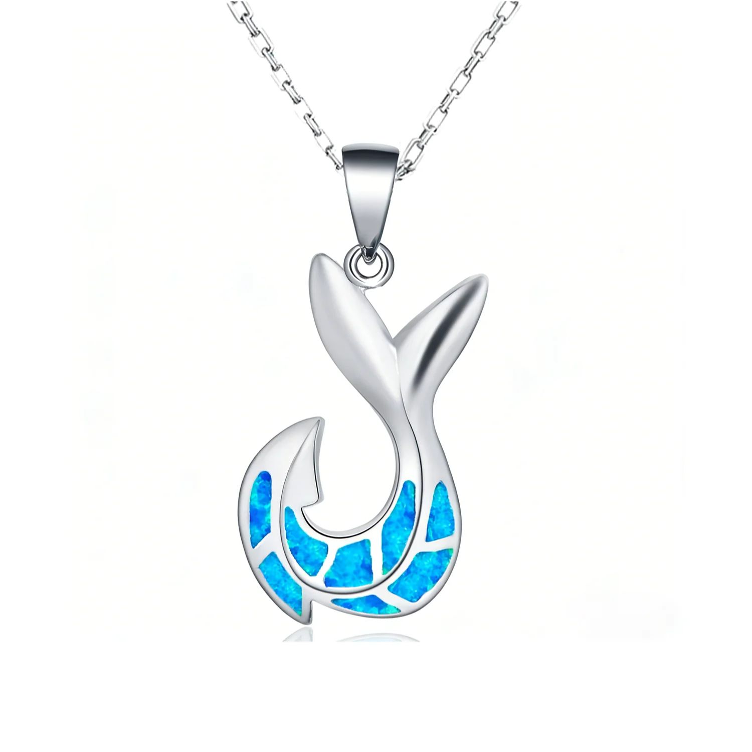 Modern Wave Pendant Necklace,Electric Blue Created Opal in Openwork White K Plated,Abstract Designer Jewelry Gift for Women