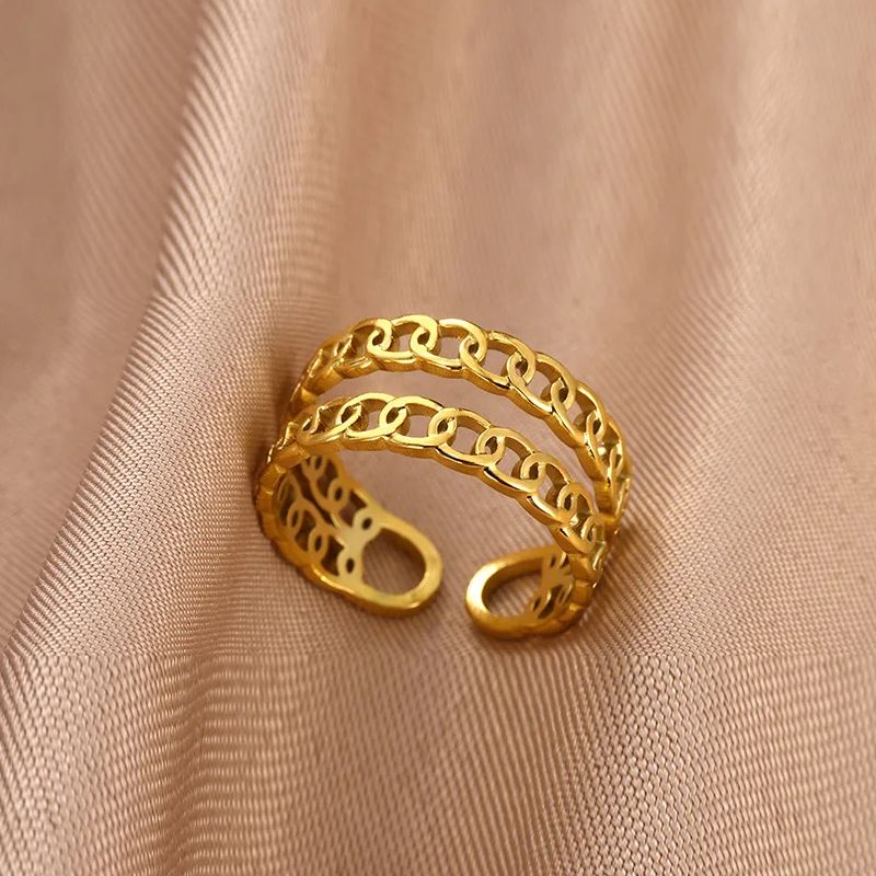 Double Layer Chain Hollow Ring for Women Stainless Steel Geometric Trendy Simple Personality Open Ring Wedding Couple Jewelry
