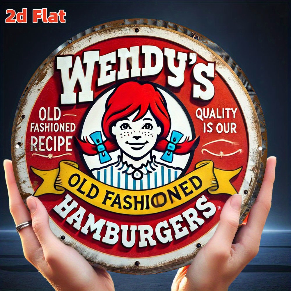 2D Flat, Vintage Wendy's Old Fashioned Hamburgers Metal Wall Sign - 7.8 Inch Round Aluminum Retro Diner Decor, Durable Indoor/Ou