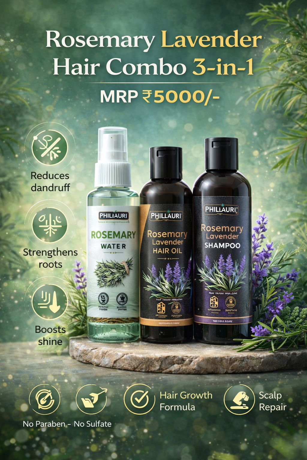 Professional Herbal Hair Growth Combo - Strengthen Roots & Reduce Hair Fall Rosemary Lavender Hair Care Combo 3-in-1 - Rosemary Water Spray + Hair Growth Oil + Herbal Shampoo - Anti Hair Fall Scalp Repair Kit