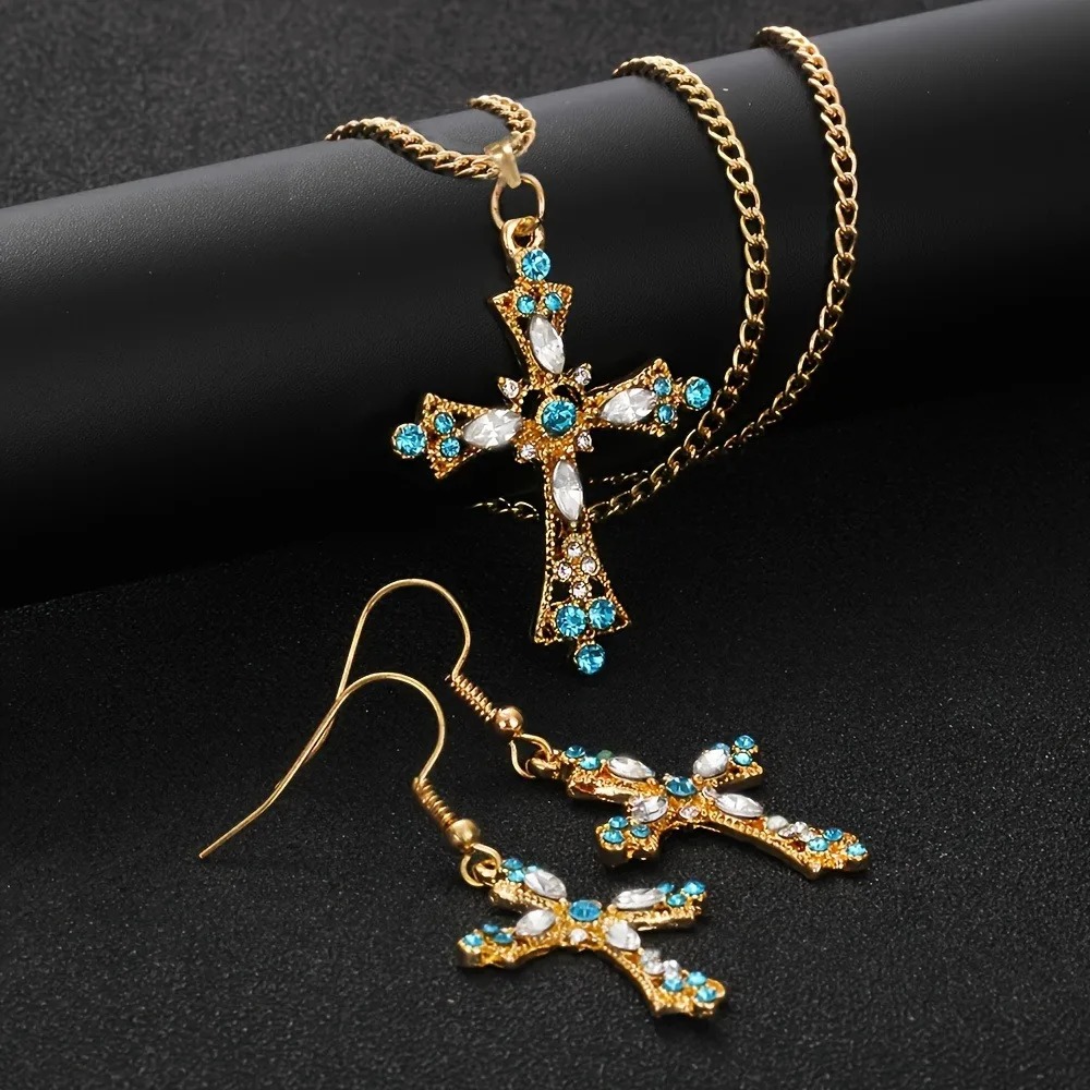 1 pair of earrings+1 pendant necklace set, wedding and engagement friend , sparkling cross design rhinestone jewelry set pen gpt