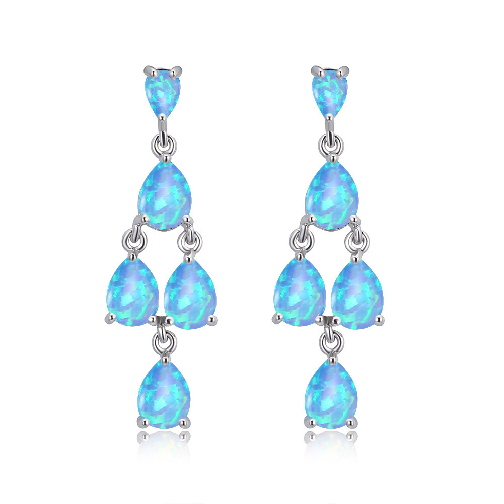 Minimalist Multi-Stone Opal Earrings,Geometric Light Blue Opal Drop Earrings,Hypoallergenic White K Plated Daily Luxury Jewelry
