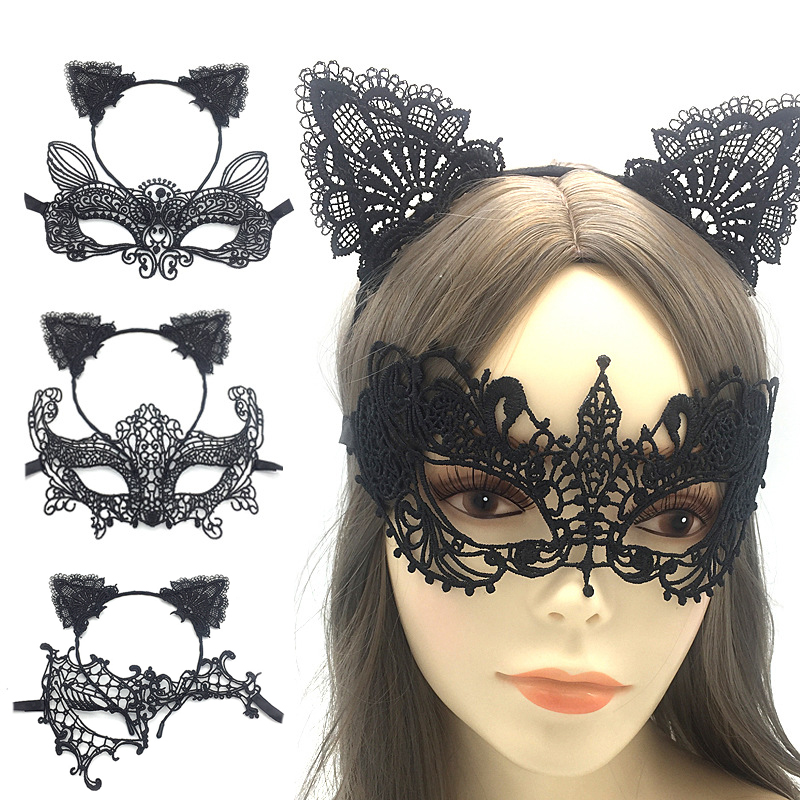 New Black Lace Headband Half Face Mask Cosplay Gothic Cat Bat Halloween Party Mask Girls Costume Accessories Women